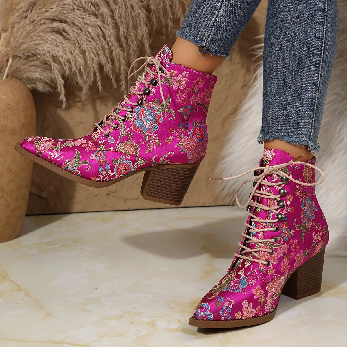 Ethnic Pointed-Toe Ankle Boots for Women Embroidered Platform Heels Fashion Spring Winter Ladies Shoes Botas