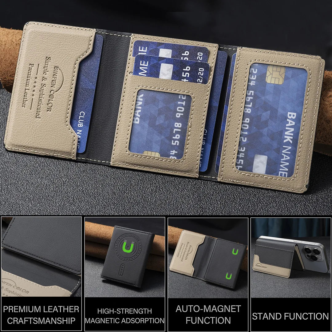 Suitable for IPhone 16 Three Fold Magnetic Wallet Card Holder, Magnetic Wallet Back Suction Universal Mobile Phone Card Bag