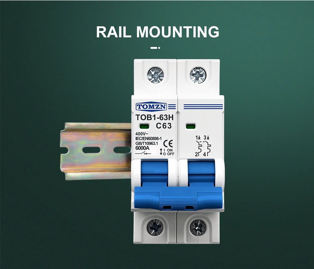 TOMZN 2P AC MCB TOB1-63H C Type 230/400V~ 50/60Hz Mini Circuit Breaker 3A 6A 10A 16A 20A 25A 32A 40A 50A 63A