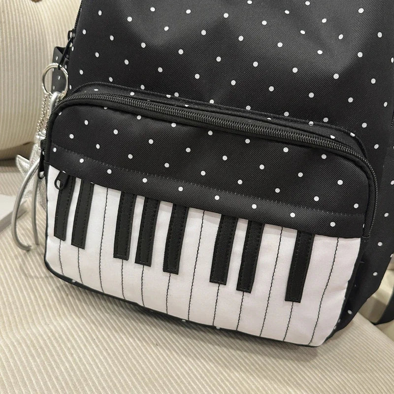 Polka Dot Piano Keyboard Backpack Back-to-school Girl Music Theme Embroidered Nylon Backpack Large Capacity Lightweight Backpack