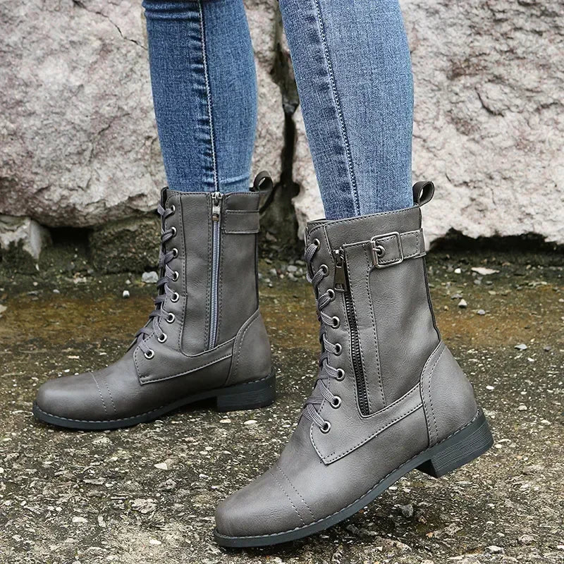 Women's Square Heels Ankle Booties Autumn Winter PU Leather Short Work Boots Woman Plus Size Lace Up Elastic Botas Mujer 2024