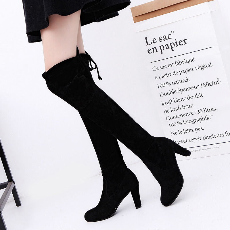 Brand Thigh High Botines Mujer Plush Fur Shoes Winter Stovepipe Stretch Over Knee Long Boots Women Lace-up Velvet Knight Bottes