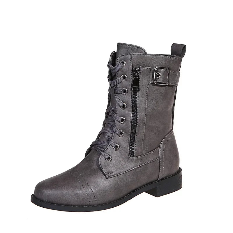 Women's Square Heels Ankle Booties Autumn Winter PU Leather Short Work Boots Woman Plus Size Lace Up Elastic Botas Mujer 2024