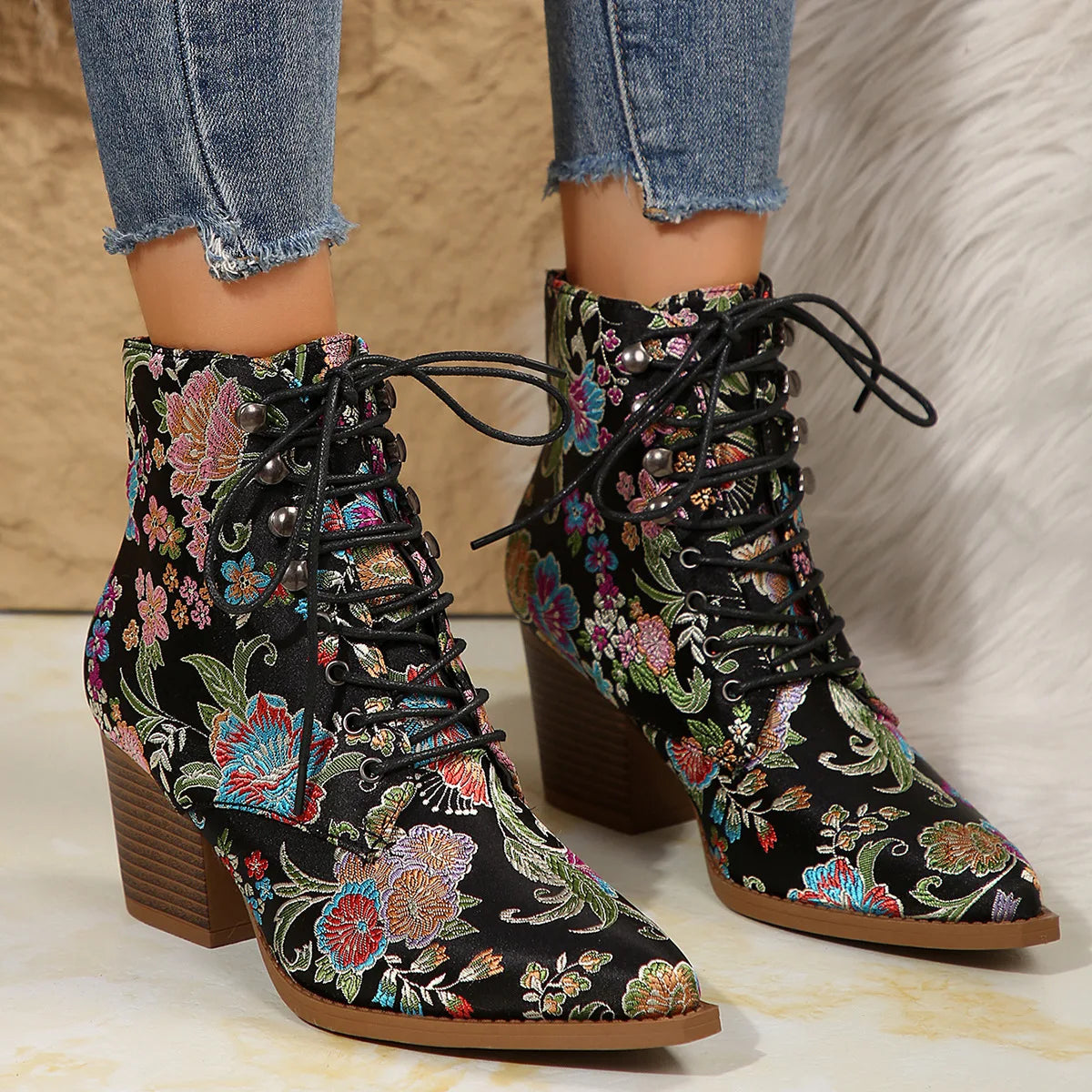 Ethnic Pointed-Toe Ankle Boots for Women Embroidered Platform Heels Fashion Spring Winter Ladies Shoes Botas