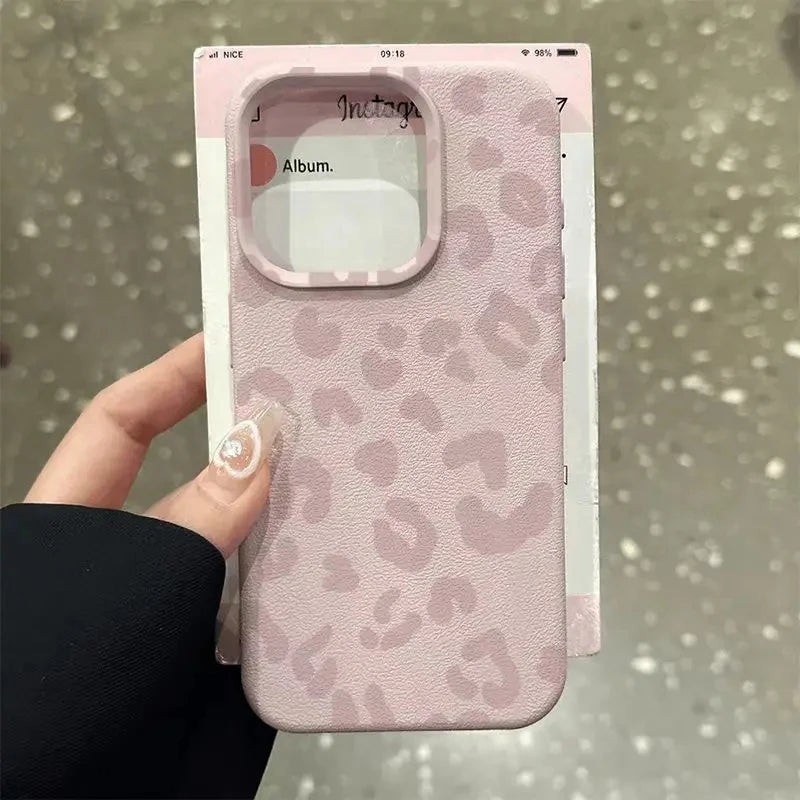 For iPhone 18 17 16 15 14 13 12 11 Pro Max Case Pink Leopard Print Lichee Pattern Silicone Cover For iPhone XS XR 16 Plus Fundas