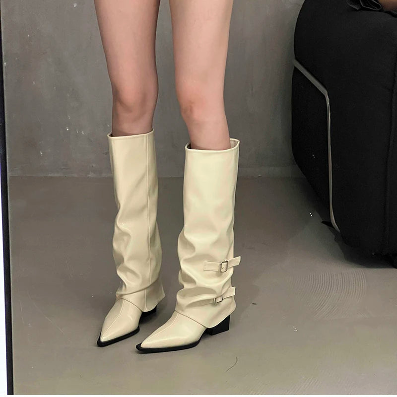 Retro Style Women Knee High Boots Fashion Belt Buckle Shoes Autumn Winter Wedges Heel Women's Knight Long Booties