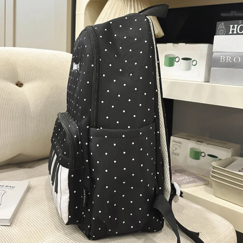 Polka Dot Piano Keyboard Backpack Back-to-school Girl Music Theme Embroidered Nylon Backpack Large Capacity Lightweight Backpack