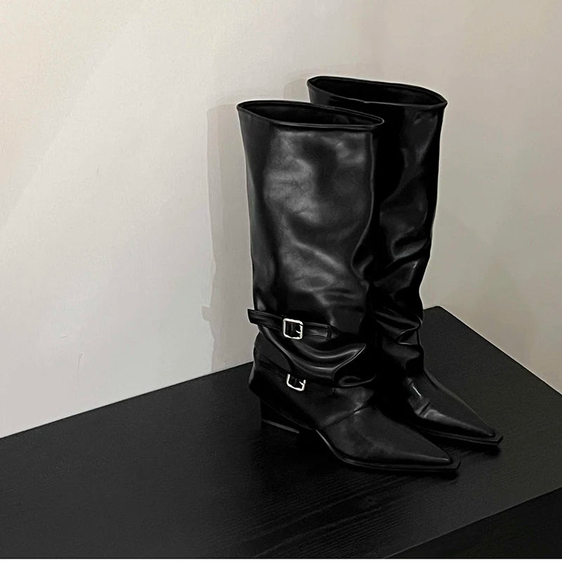 Retro Style Women Knee High Boots Fashion Belt Buckle Shoes Autumn Winter Wedges Heel Women's Knight Long Booties