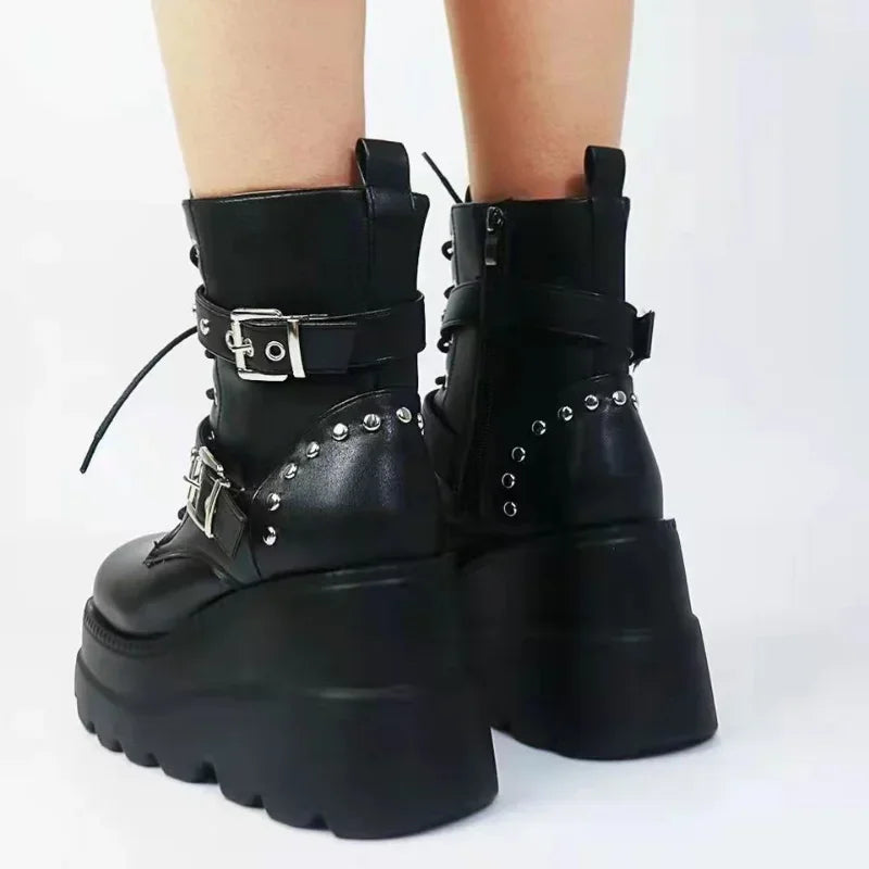 New Women's Pu Leather Ankle Boots Women Autumn Winter Round Toe Lace Up Shoes Woman Motorcycle Platform Botas Gothic Shoes