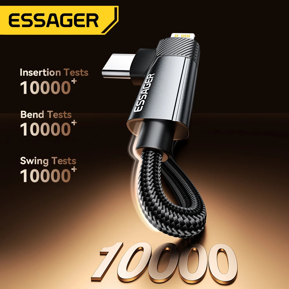 Essager PD 2 in 1 USB A Cable 90 Degree Angle Type C/Lightning Fast Charging Cable For iPhone 16 15 14Pro Max iPad Xiaomi Huawei