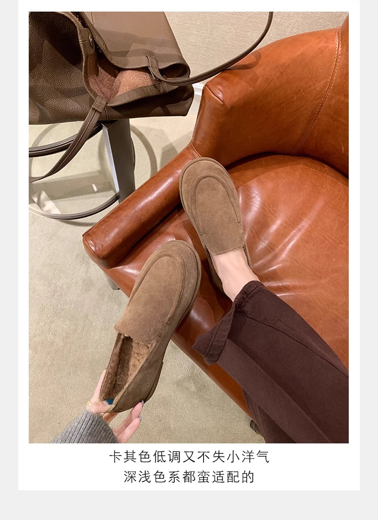New Suede Leather Loafers Woman Round Toe Slip-on Casual Flat Shoes Wool Warm Winter Shoes Outdoors Walk Shoes Women