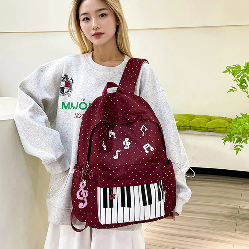 Polka Dot Piano Keyboard Backpack Back-to-school Girl Music Theme Embroidered Nylon Backpack Large Capacity Lightweight Backpack