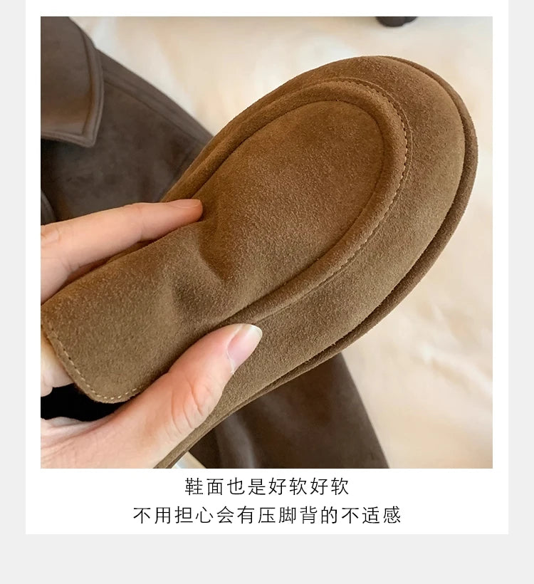 New Suede Leather Loafers Woman Round Toe Slip-on Casual Flat Shoes Wool Warm Winter Shoes Outdoors Walk Shoes Women