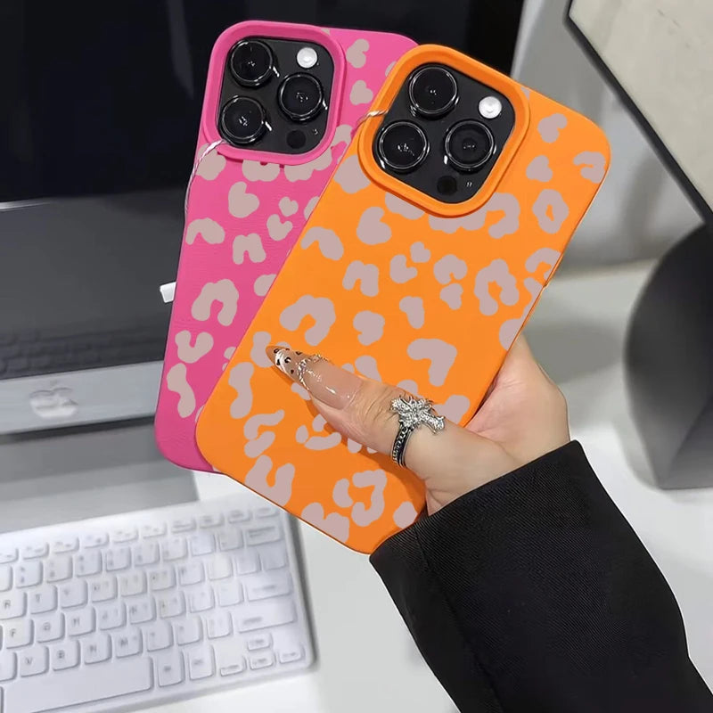 For iPhone 18 17 16 15 14 13 12 11 Pro Max Case Pink Leopard Print Lichee Pattern Silicone Cover For iPhone XS XR 16 Plus Fundas