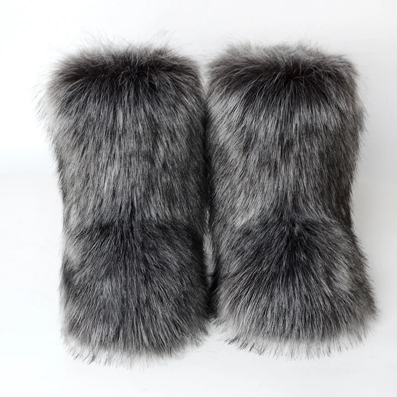 Women's Winter Snow Boots Outdoor Luxury Furry Faux Fox Fur Boots Woman Plush Warm Platform Shoes New Fashion Bottes Big Size 46