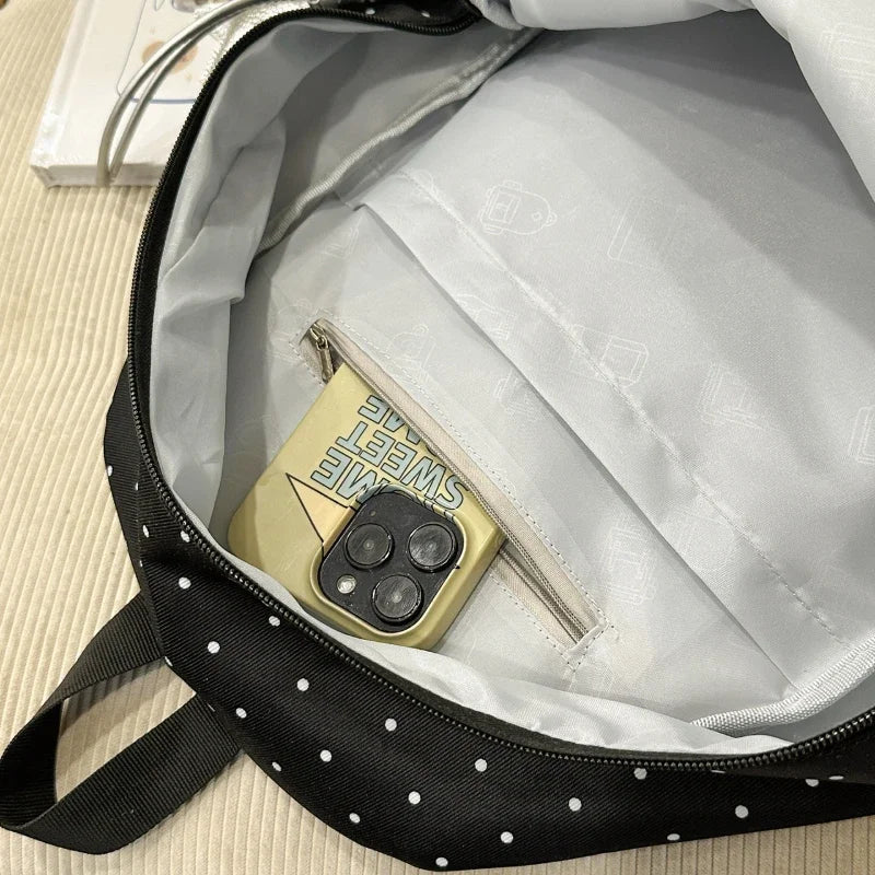 Polka Dot Piano Keyboard Backpack Back-to-school Girl Music Theme Embroidered Nylon Backpack Large Capacity Lightweight Backpack