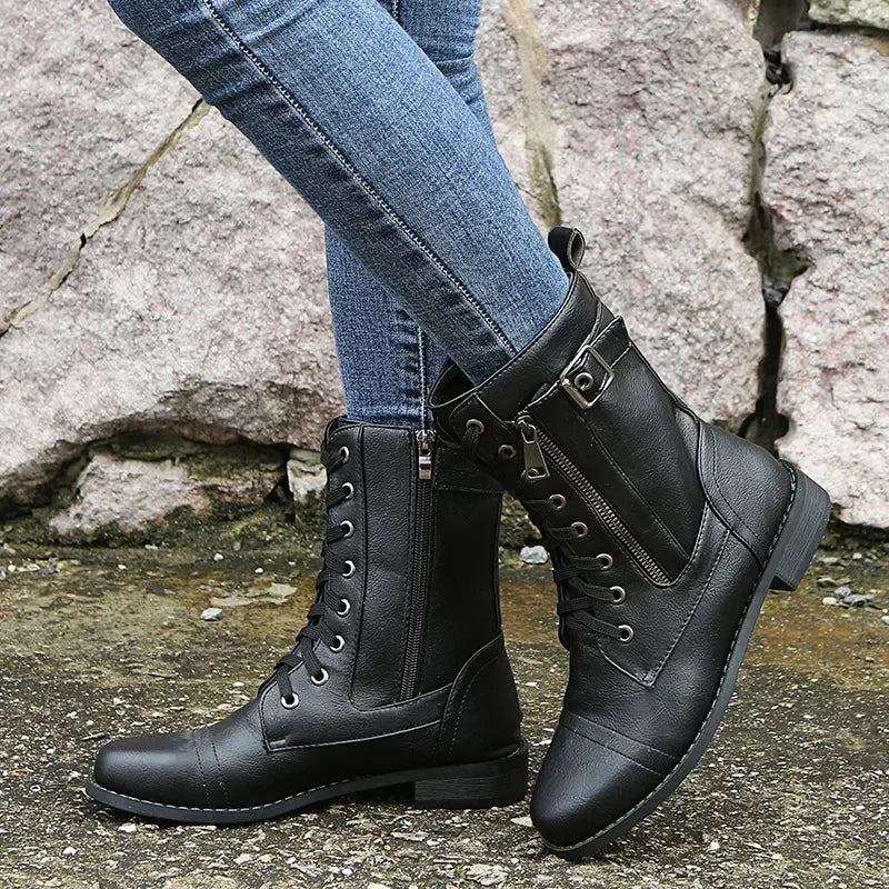 Women's Square Heels Ankle Booties Autumn Winter PU Leather Short Work Boots Woman Plus Size Lace Up Elastic Botas Mujer 2024