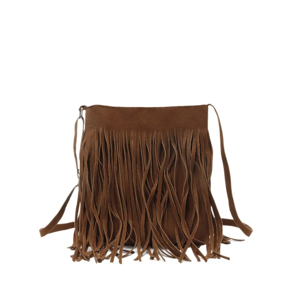 Fashion Suede Fringe Crossbody Bag Large Capacity Solid Color Shoulder Bag Boho Style Adjustable Shoulder Strap Bucket Bag Women