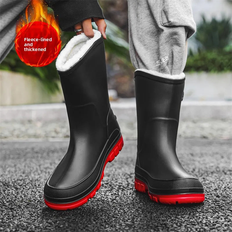 Men's Winter Fleece Lined Mid-Calf Rain Boots Anti-Slip Waterproof Work Rubber Boots Car Wash Fishing Outdoor Wear Water Shoes
