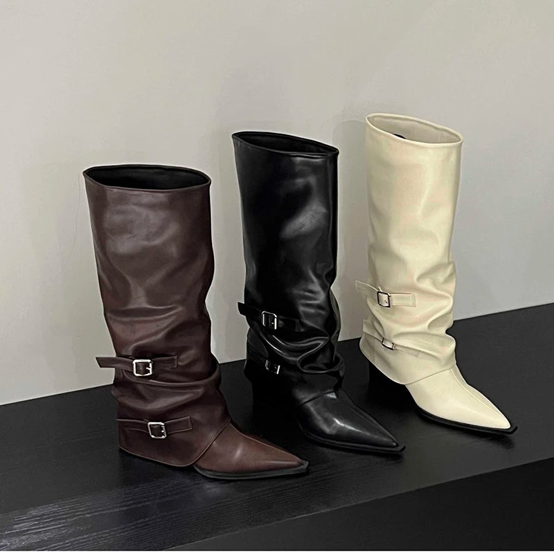 Retro Style Women Knee High Boots Fashion Belt Buckle Shoes Autumn Winter Wedges Heel Women's Knight Long Booties