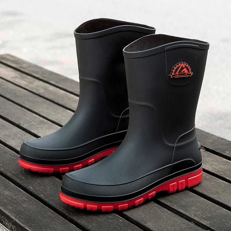 Men's Winter Fleece Lined Mid-Calf Rain Boots Anti-Slip Waterproof Work Rubber Boots Car Wash Fishing Outdoor Wear Water Shoes