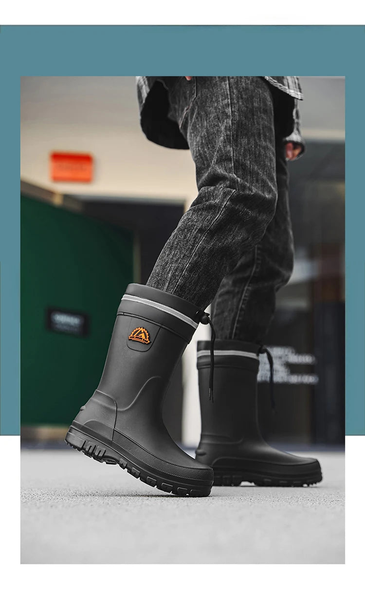 Men's Winter Fleece Lined Mid-Calf Rain Boots Anti-Slip Waterproof Work Rubber Boots Car Wash Fishing Outdoor Wear Water Shoes