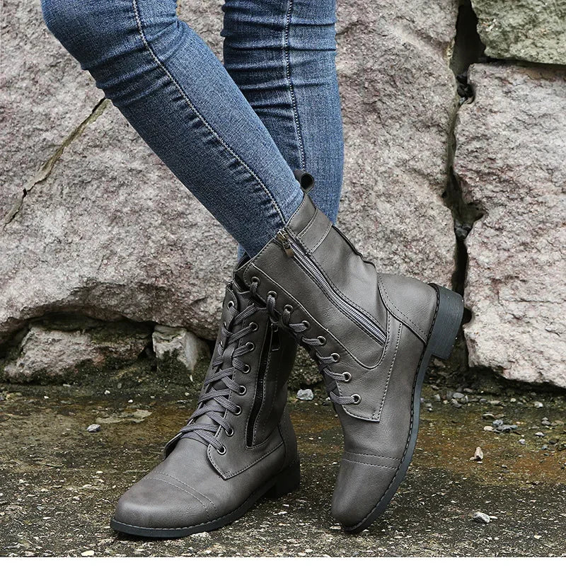 Women's Square Heels Ankle Booties Autumn Winter PU Leather Short Work Boots Woman Plus Size Lace Up Elastic Botas Mujer 2024