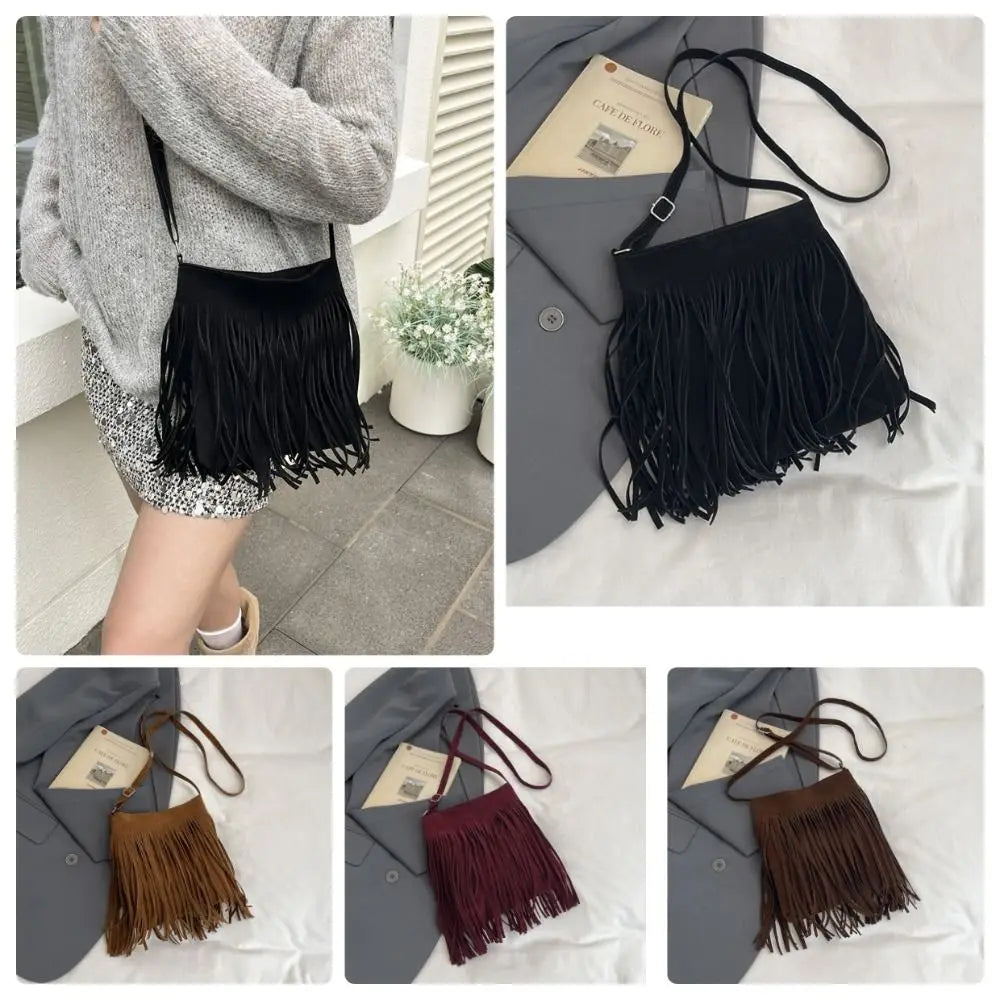 Fashion Suede Fringe Crossbody Bag Large Capacity Solid Color Shoulder Bag Boho Style Adjustable Shoulder Strap Bucket Bag Women