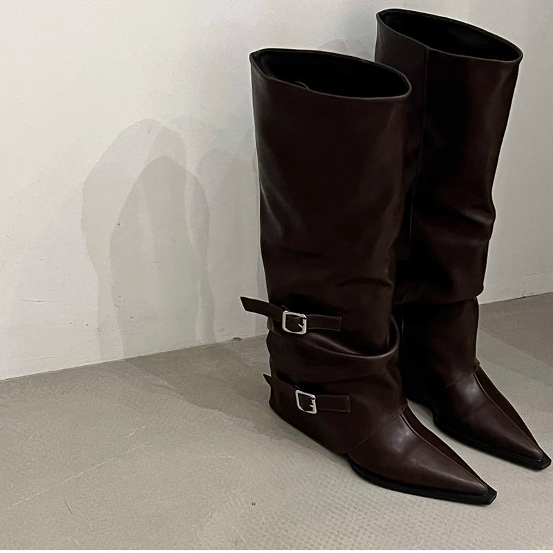 Retro Style Women Knee High Boots Fashion Belt Buckle Shoes Autumn Winter Wedges Heel Women's Knight Long Booties