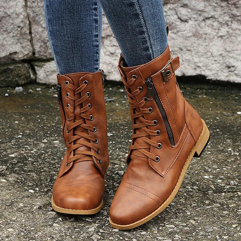 Women's Square Heels Ankle Booties Autumn Winter PU Leather Short Work Boots Woman Plus Size Lace Up Elastic Botas Mujer 2024