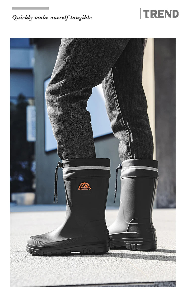 Men's Winter Fleece Lined Mid-Calf Rain Boots Anti-Slip Waterproof Work Rubber Boots Car Wash Fishing Outdoor Wear Water Shoes