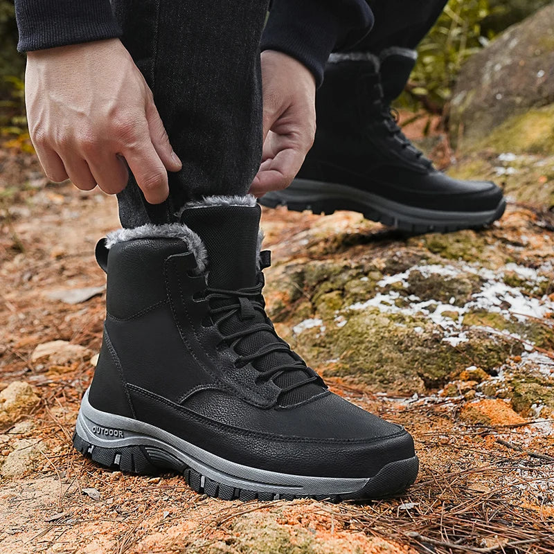 New Men's Hiking Boots Thickened Non-Slip Warm Flat High Top Boots Casual Winter Outdoor Leather Snow Boots Oversized Work Boots