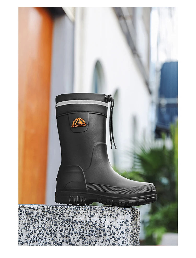Men's Winter Fleece Lined Mid-Calf Rain Boots Anti-Slip Waterproof Work Rubber Boots Car Wash Fishing Outdoor Wear Water Shoes