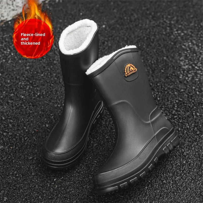 Men's Winter Fleece Lined Mid-Calf Rain Boots Anti-Slip Waterproof Work Rubber Boots Car Wash Fishing Outdoor Wear Water Shoes