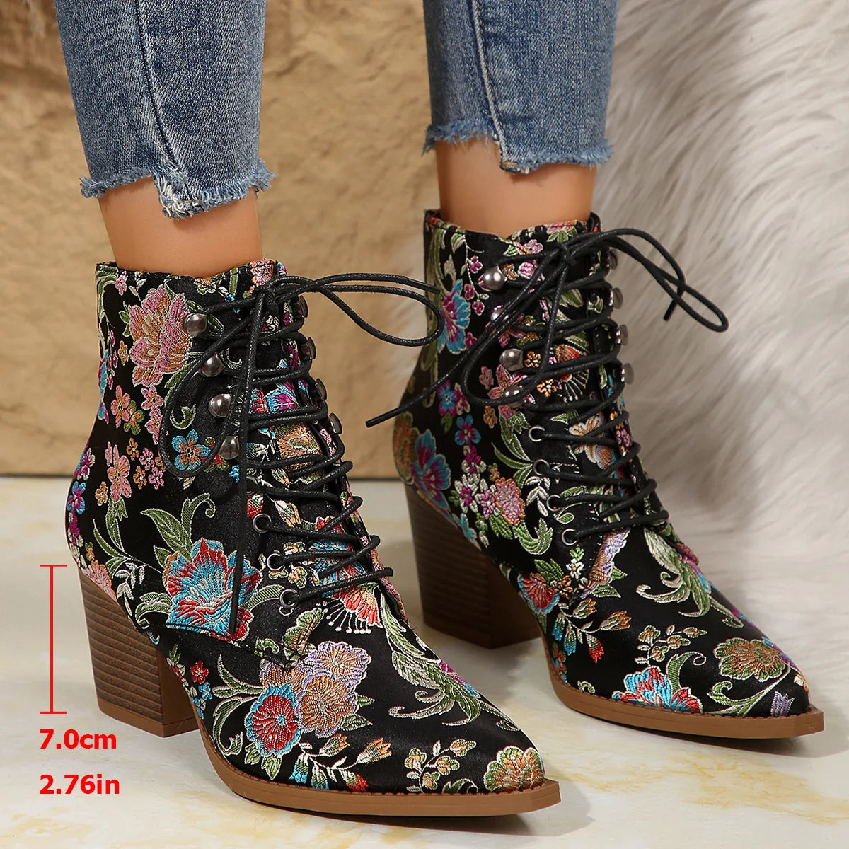 Ethnic Pointed-Toe Ankle Boots for Women Embroidered Platform Heels Fashion Spring Winter Ladies Shoes Botas