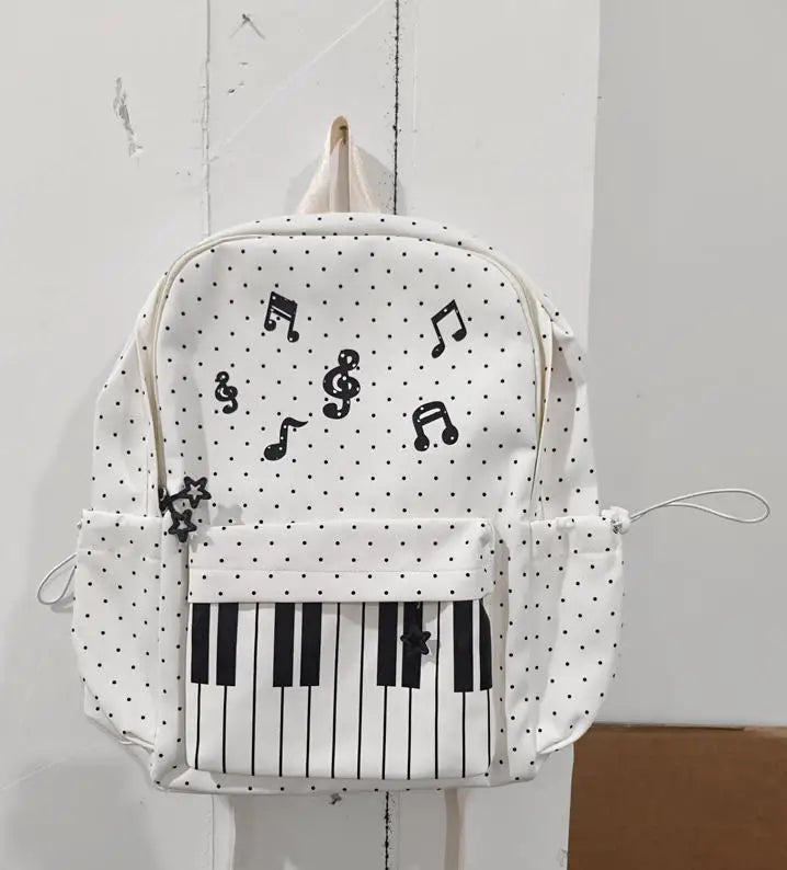 Polka Dot Piano Keyboard Backpack Back-to-school Girl Music Theme Embroidered Nylon Backpack Large Capacity Lightweight Backpack