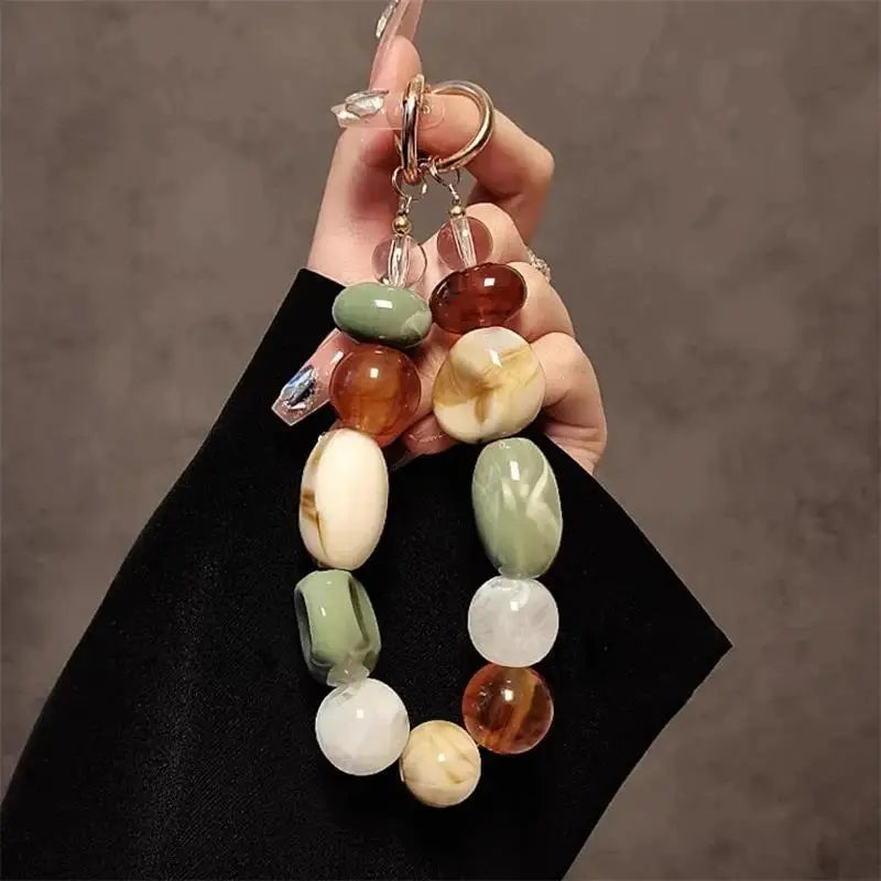 Small Fresh Mixed Color Grid Irregular Stone Mobile Phone Wrist Chain Phone Case Lanyard Creative XYu Keychain Hanging Universal