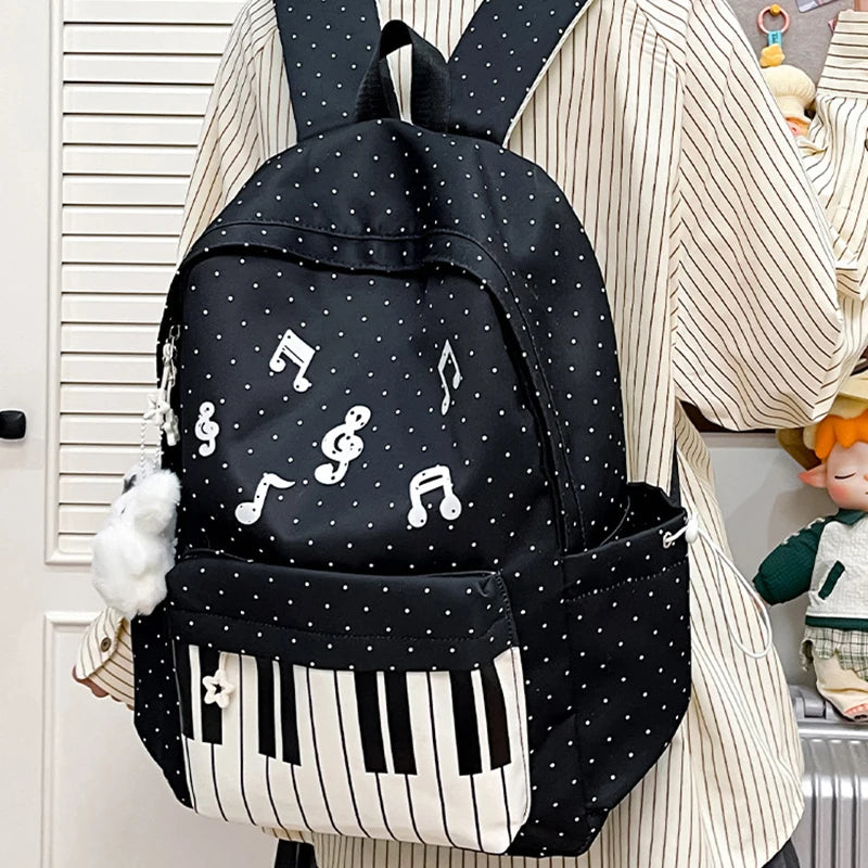 Polka Dot Piano Keyboard Backpack Back-to-school Girl Music Theme Embroidered Nylon Backpack Large Capacity Lightweight Backpack
