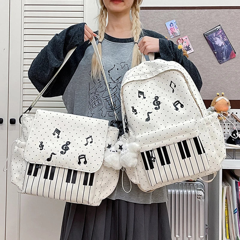 Polka Dot Piano Keyboard Backpack Back-to-school Girl Music Theme Embroidered Nylon Backpack Large Capacity Lightweight Backpack