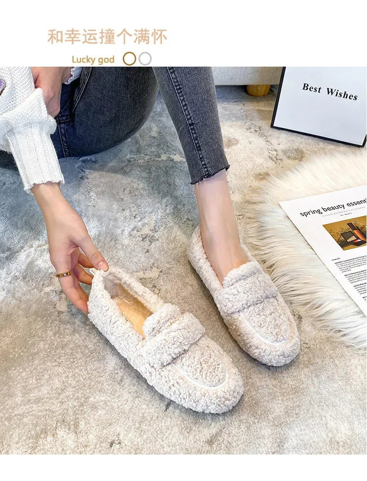 Lambwool Moccasins Femme Curly Sheep Fur Flats Woman Warm Plush Loafers Winter Cotton Shoes Women Furry Snow Boot
