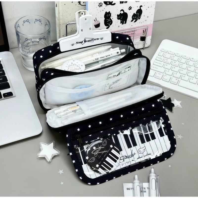 Polka Dot Piano Keyboard Backpack Back-to-school Girl Music Theme Embroidered Nylon Backpack Large Capacity Lightweight Backpack
