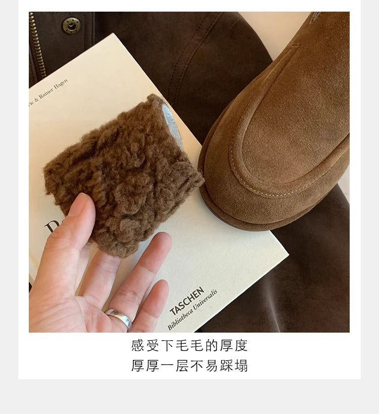 New Suede Leather Loafers Woman Round Toe Slip-on Casual Flat Shoes Wool Warm Winter Shoes Outdoors Walk Shoes Women