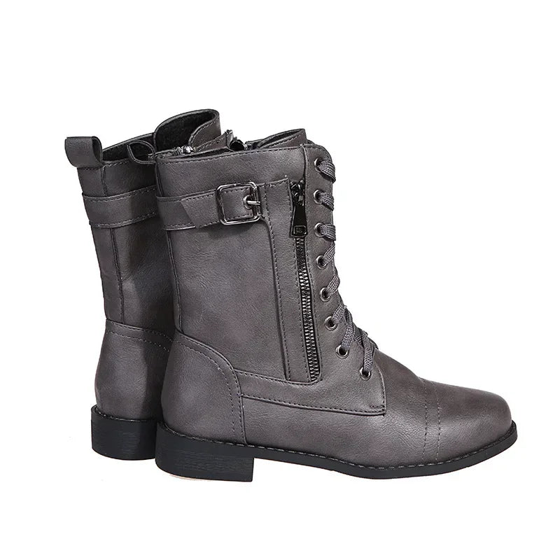 Women's Square Heels Ankle Booties Autumn Winter PU Leather Short Work Boots Woman Plus Size Lace Up Elastic Botas Mujer 2024
