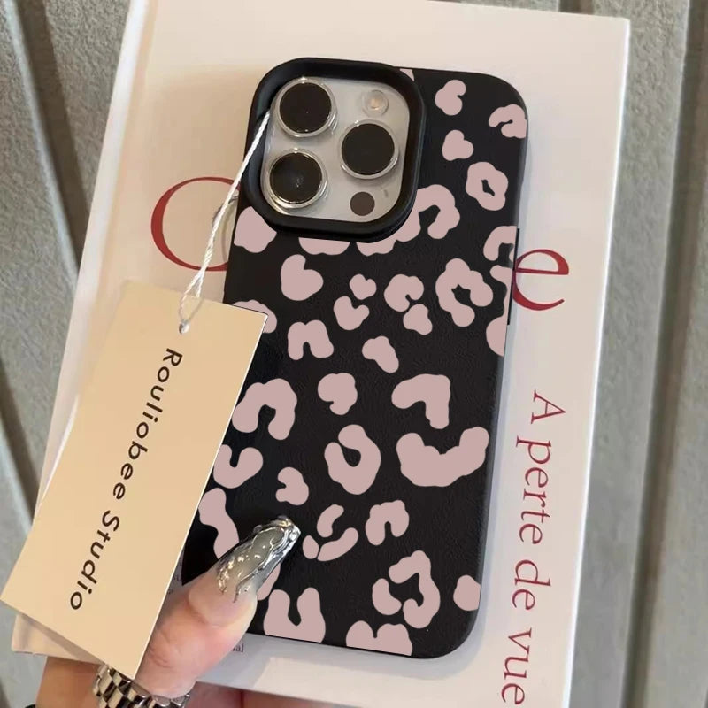 For iPhone 18 17 16 15 14 13 12 11 Pro Max Case Pink Leopard Print Lichee Pattern Silicone Cover For iPhone XS XR 16 Plus Fundas