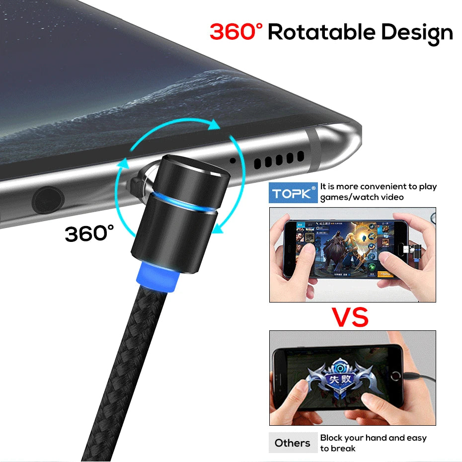 TOPK Magnetic Charging Cable 360° Rotating Magnetic Phone Charger Cable with LED Light, 90° Angle Connector, Nylon-Braided Cor