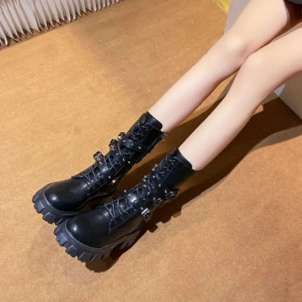 Woman Boots Winter New Pu Leather Platform Fashion Lace Up Punk Gothic Booties Casual Work Shoes Botines Mujer