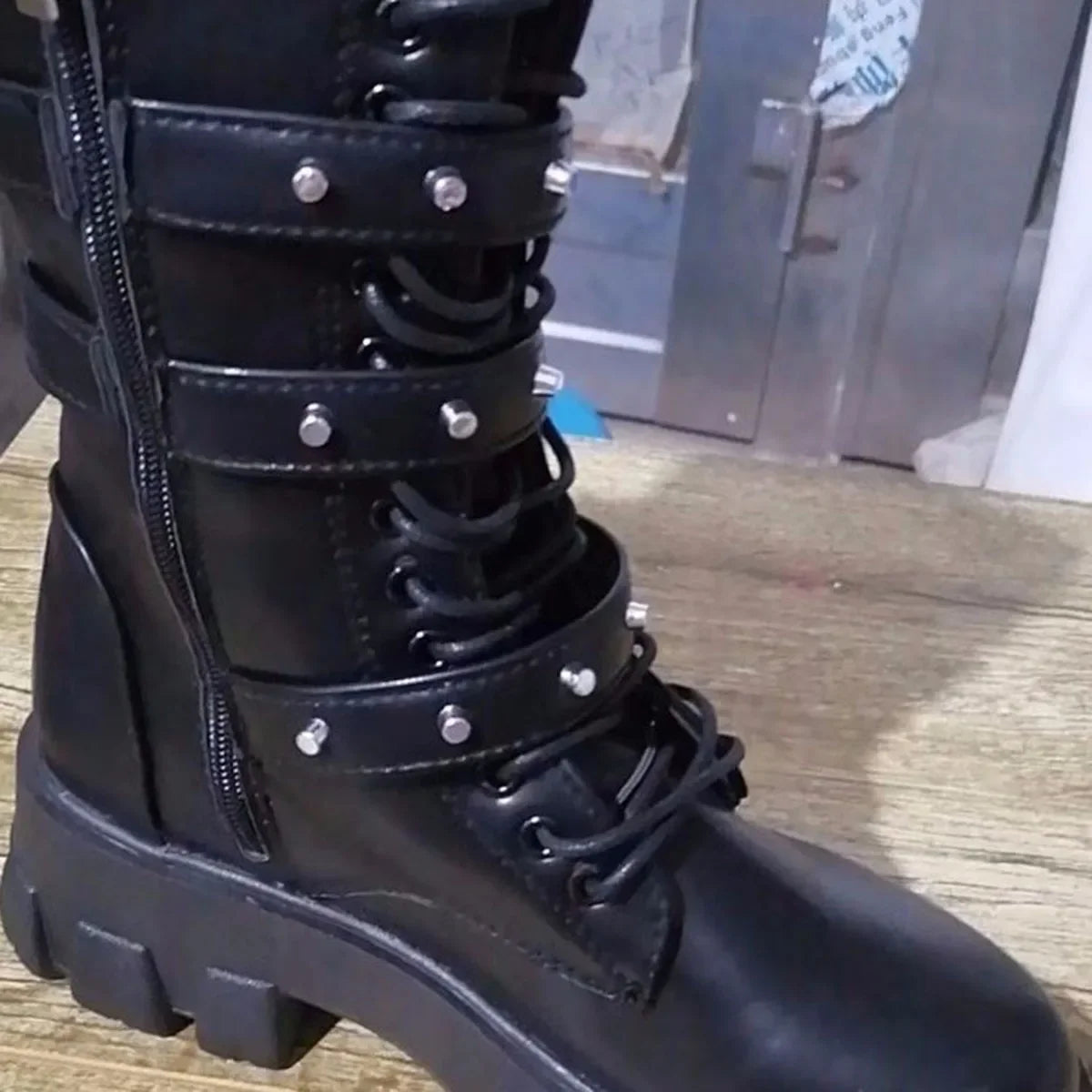 Woman Boots Winter New Pu Leather Platform Fashion Lace Up Punk Gothic Booties Casual Work Shoes Botines Mujer