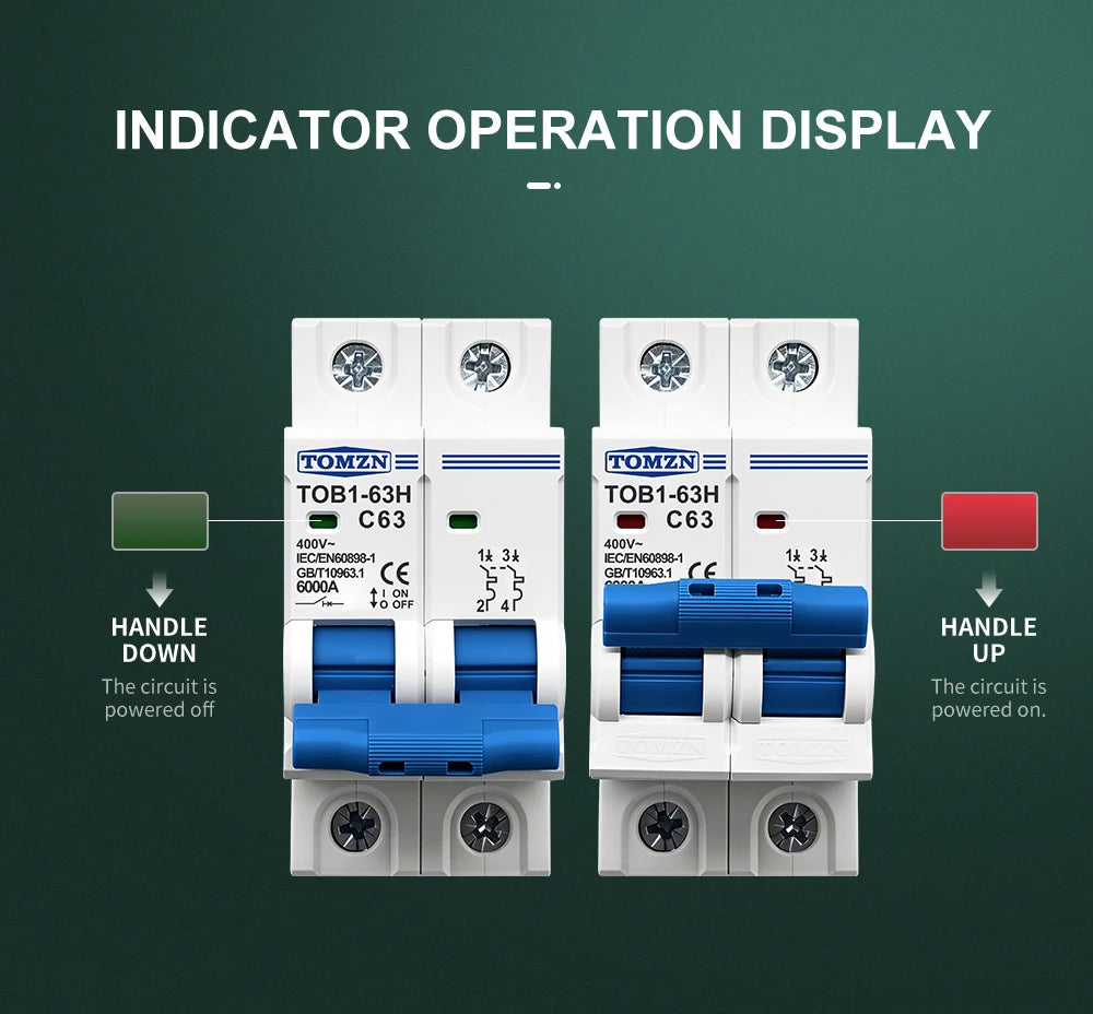 TOMZN 2P AC MCB TOB1-63H C Type 230/400V~ 50/60Hz Mini Circuit Breaker 3A 6A 10A 16A 20A 25A 32A 40A 50A 63A
