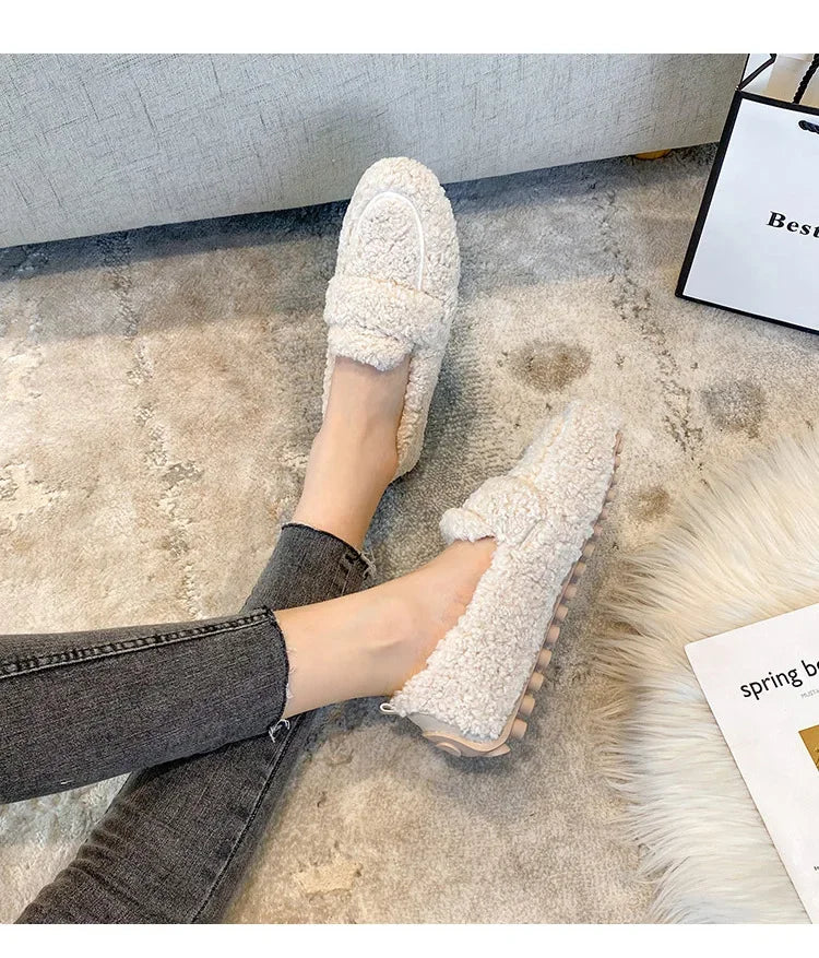 Lambwool Moccasins Femme Curly Sheep Fur Flats Woman Warm Plush Loafers Winter Cotton Shoes Women Furry Snow Boot