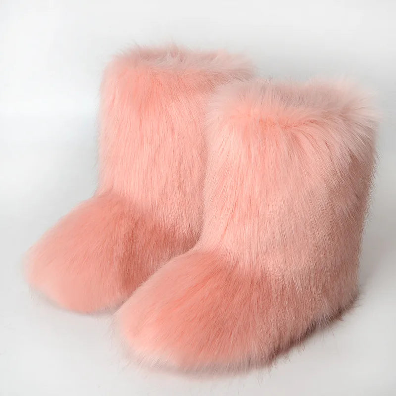 Women's Winter Snow Boots Outdoor Luxury Furry Faux Fox Fur Boots Woman Plush Warm Platform Shoes New Fashion Bottes Big Size 46